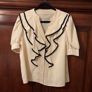 Elegant Cream Blouse with Black Trim Size XL